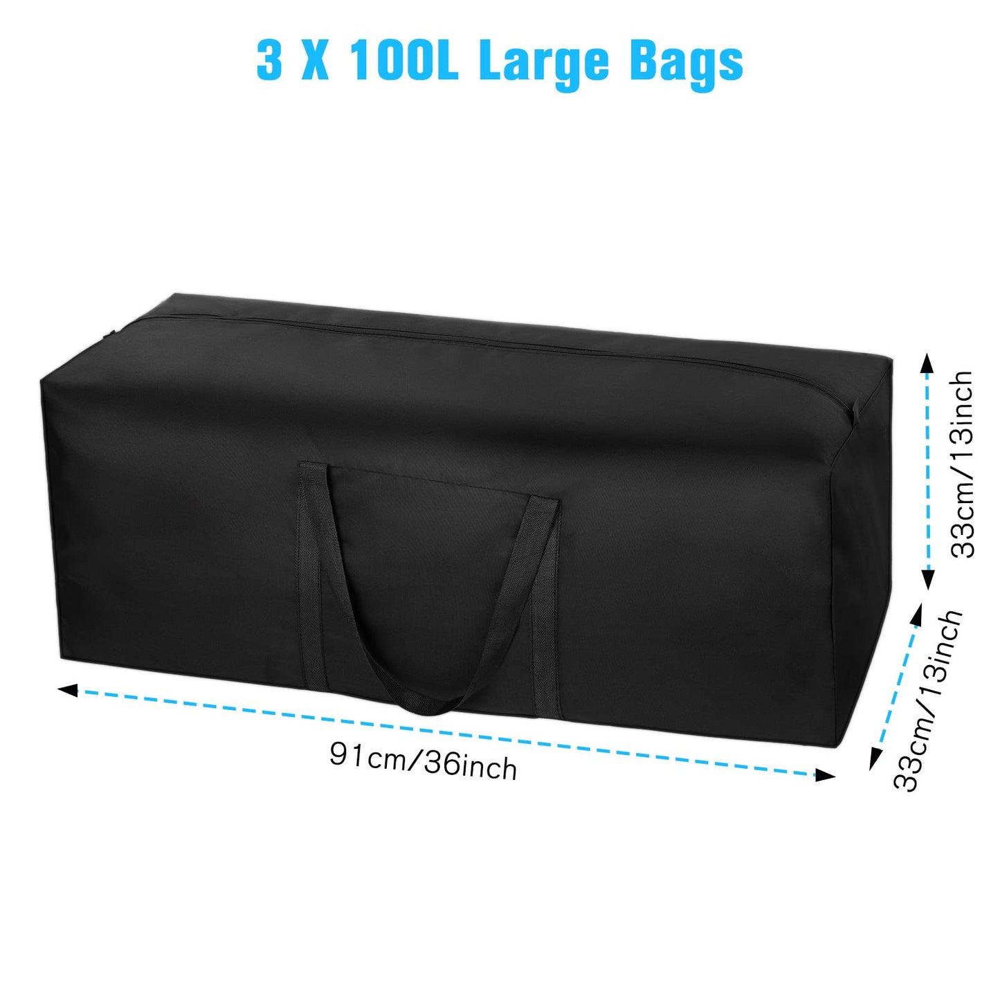 3 Pack 100L Capacity Travel Duffle Bag, Large Holdall Folding Heavy Duty 600D Oxford Fabric Long Storage Luggage Bags with Zips for Moving Camping (Black)