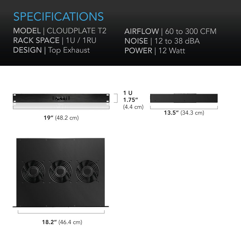 AC Infinity CLOUDPLATE T2, Rack Mount Fan 1U, Top Exhaust Airflow, for Cooling AV, Home Theater, Network 19” Racks