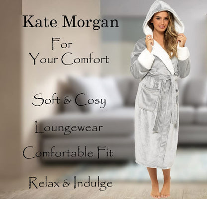 KATE MORGAN Ladies Soft & Cosy Hooded Dressing Gown (12-14, Grey Shimmer)