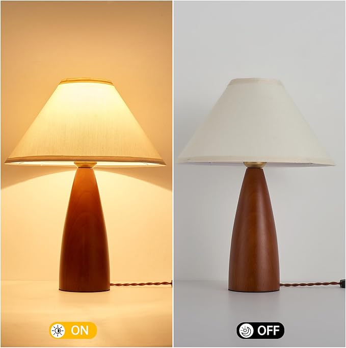 2 Pack Bedside Table Lamp for Bedroom,Mid-Century Modern Plug in Fabric Shade & Solid Wood Base Desk Lamp,Plug & Play Warm Brown Nightstand Lamp for Living Room,Office,Switch Power Cord【Bulb Included】