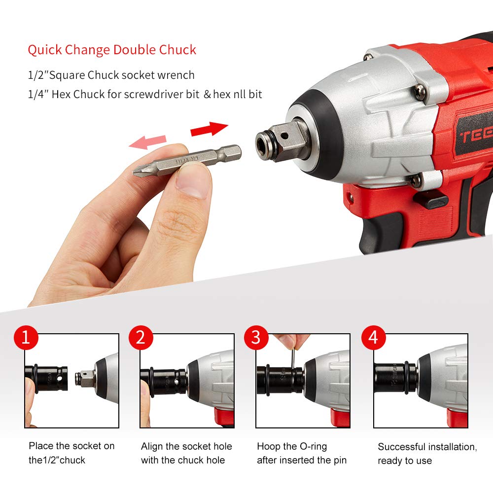 TEENO 20V Brushless Lithium-Ion Impact Wrench,2×3.0Ah Batteries, Charger, 3pcs Sockets, 1/2 Inch, 320NM