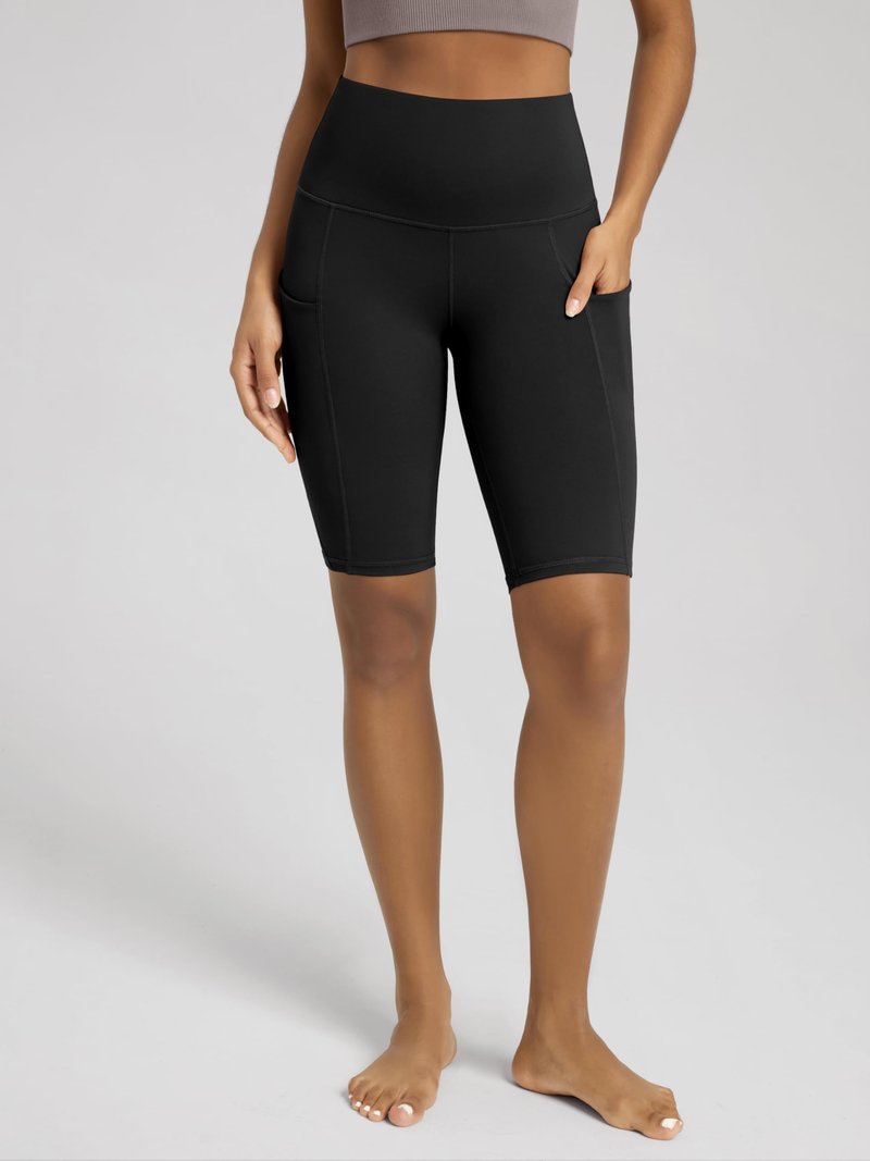 ODODOS 10" Tummy Control Biker Shorts for Women with Pockets High Waist Athletic Workout Yoga Shorts, Black, Large