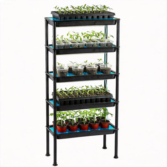 RooTrimmer 5-Tier Hydroponics Growing System, Plant Stand, Ebb and Flow Seedbeds, Siphoning Circulation Watering for Indoor/Greenhouse, Designed for Seed Starter Nursery Cell Trays, Plant Pots