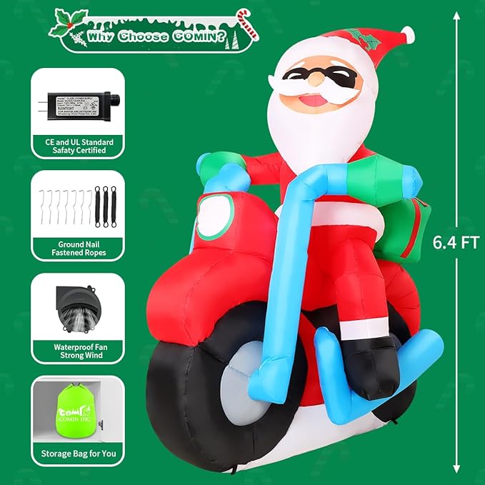 COMIN 6.4FT Christmas Inflatables Outdoor Decorations Inflatable Santa Claus Ride Motorcycle Blow Ups with Built-in LEDs for Yard Party Lawn Decor