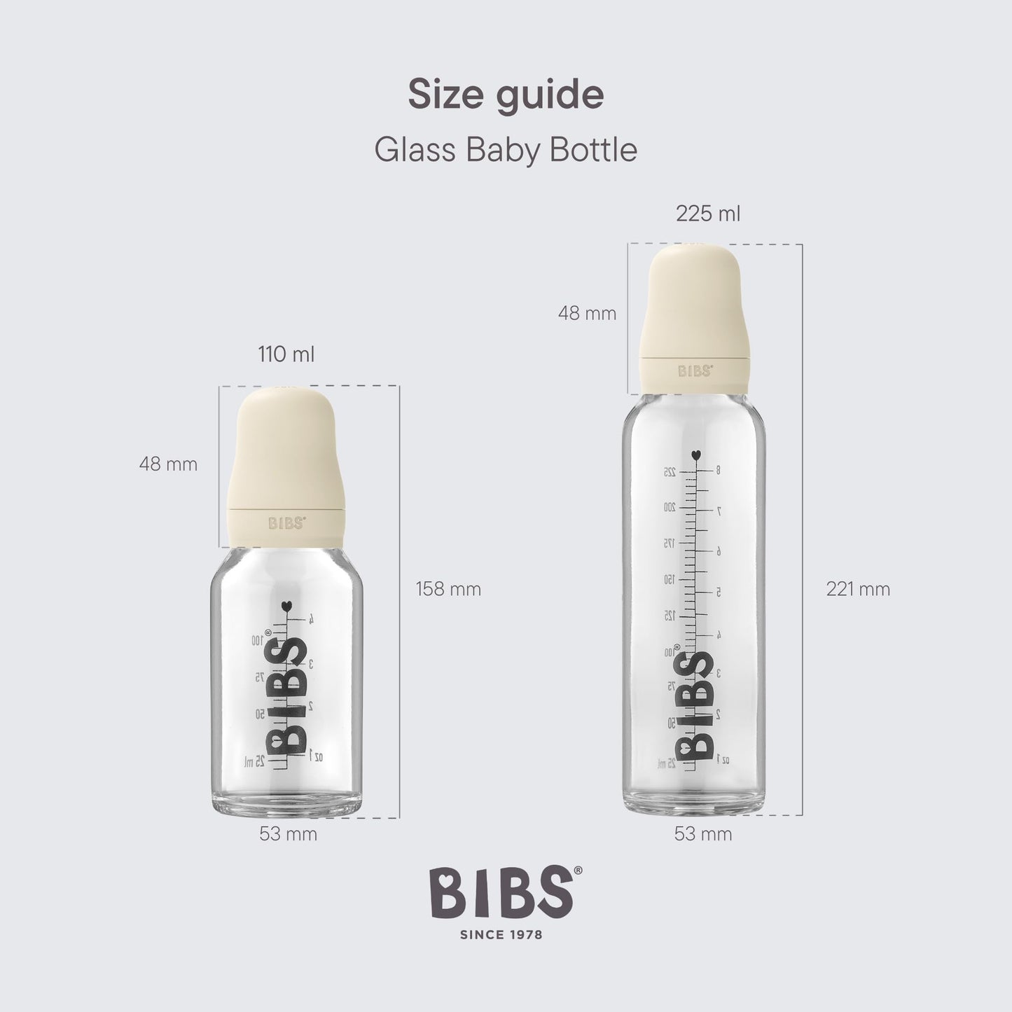 BIBS Baby Glass Bottle Complete Set 110 ml | BPA Free Natural Rubber | Made in Denmark | Ivory