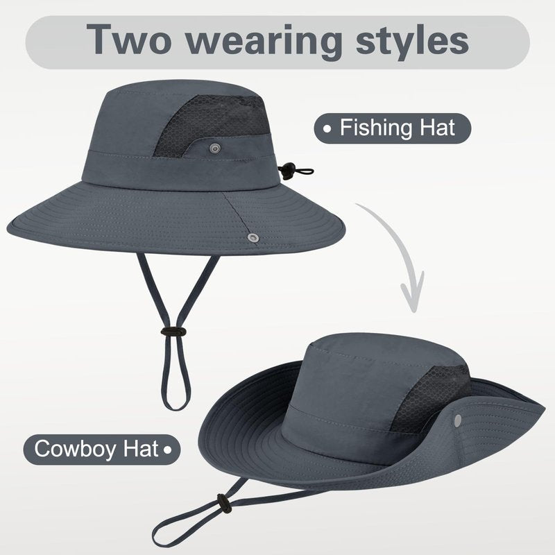 Sun Hat for Men Women UV Protection Wide Brim Fishing Hats Breathable UPF 50+ Waterproof Boonie Bucket Hats Beach Safari Hiking Garden Dark Grey