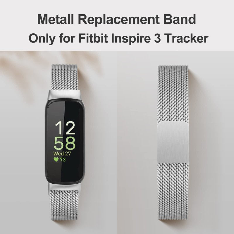 Vanjua for Fitbit Inspire 3 Bands Women Men, Stainless Steel Metal Mesh Loop Adjustable Magnetic Wristband Replacement Straps Compatible with Fitbit Inspire 3 Fitness Tracker (Silver)