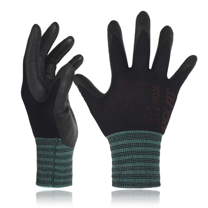 DEX FIT Nylon Work Gloves FN320, 3D Comfort Fit, Power Grip, Lightweight, Touchscreen for Men & Women, Breathable & Flexible for Yard Work DIY Mechanic Warehouse; Black 9 (L)
