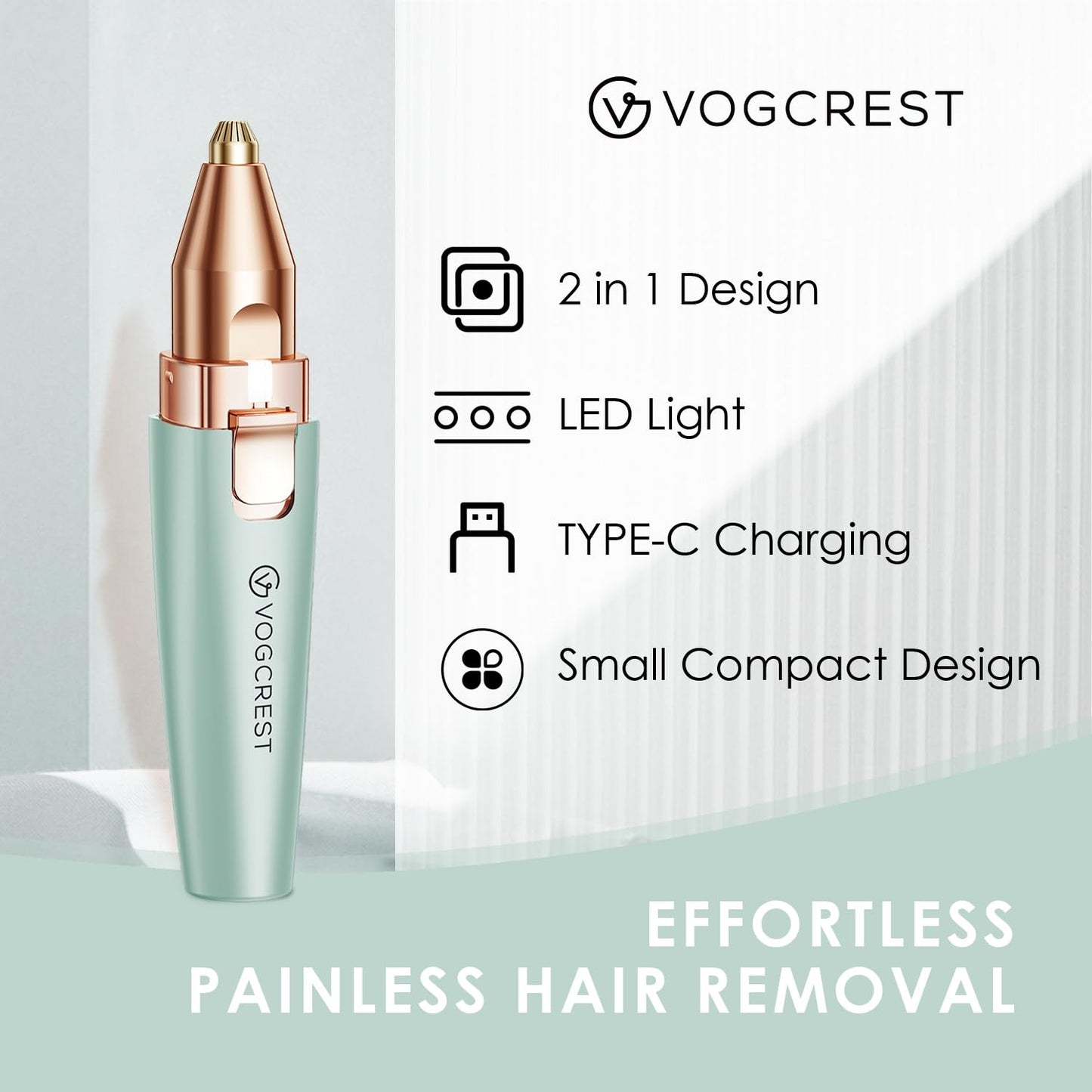 VG VOGCREST Eyebrow & Facial Trimmer: 2 in1 Rechargeable Facial Hair Removal & Eyebrow Shaver - Body Razor with Built-in LED Light (Rose Gold)