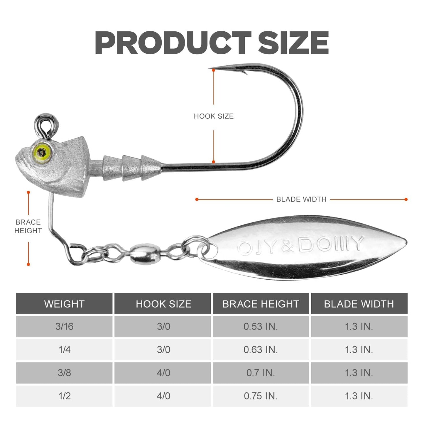 6-Pack Underspin Jig Heads with 100% Brass Blade (Never Rust) - 3/16oz, 1/4oz, 3/8oz, 1/2oz - Bass & Saltwater Fishing