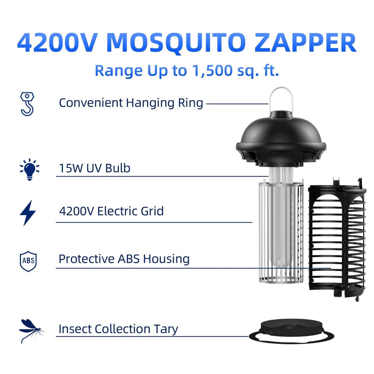 Jawlark Electric Bug Zapper, 4200V Mosquito Zapper Outdoor Indoor, IPX6 Waterproof Insect Killer with 5ft Power Cord for Patio Yard Home, Plug in Mosquito Killer (Black)