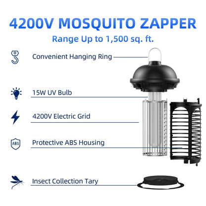 Jawlark Electric Bug Zapper, 4200V Mosquito Zapper Outdoor Indoor, IPX6 Waterproof Insect Killer with 5ft Power Cord for Patio Yard Home, Plug in Mosquito Killer (Black)