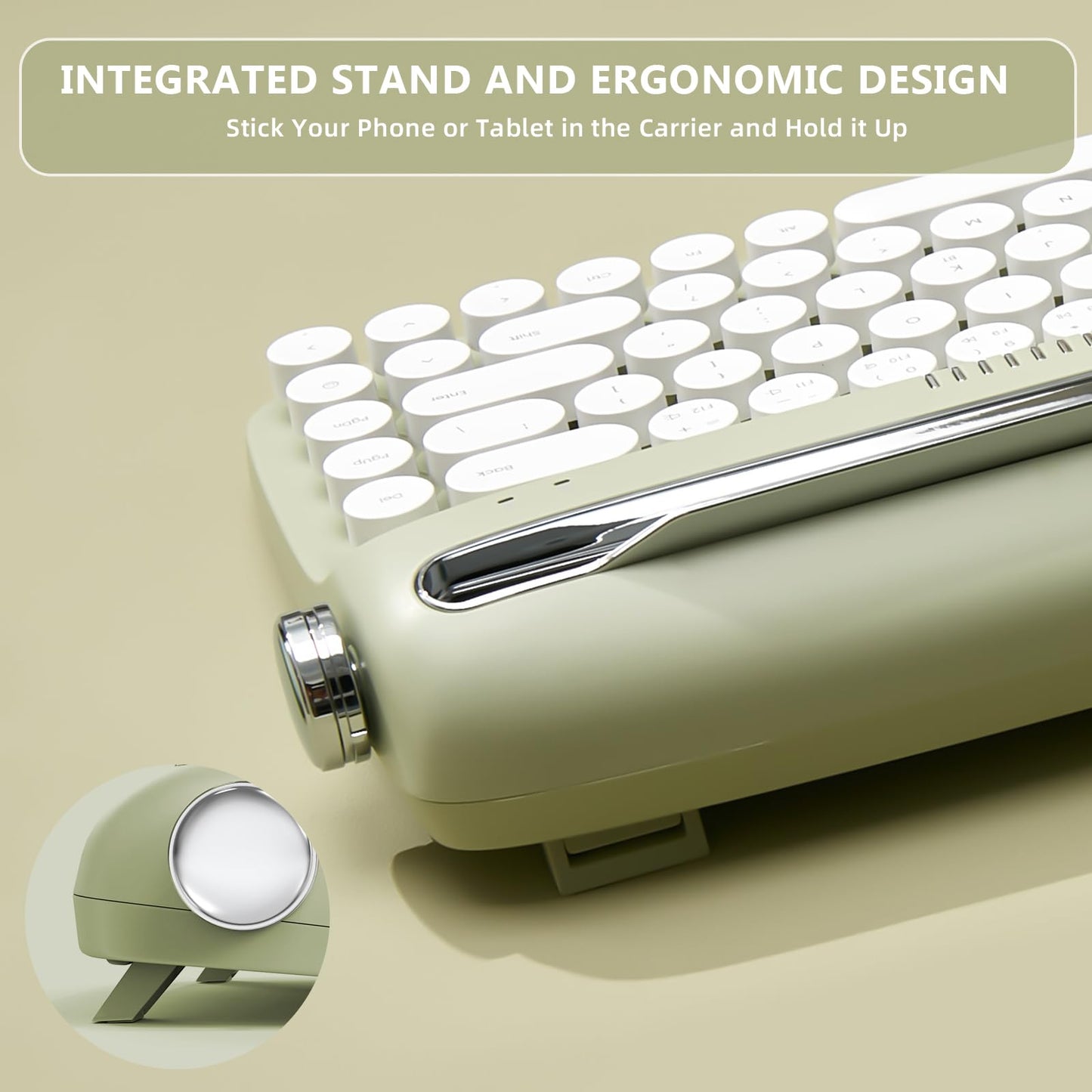 YUNZII Upgraded Wireless Typewriter Keyboard,with Retro Integrated Stand,USB-C/Bluetooth,Cute Round Keycaps, USB-C/Bluetooth Connection for Table, Phone, PC and Win/Mac/Android (B309, Baby Pink)