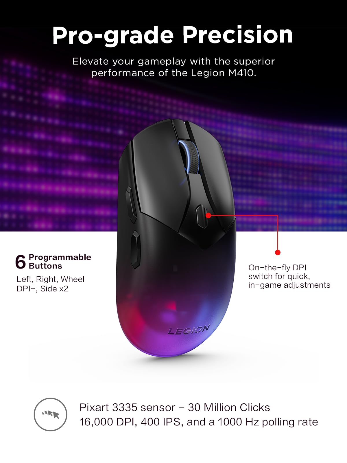 Lenovo Legion M410 Wireless RGB Gaming Mouse – 6 Button Palm Grip Mouse with 16,000 DPI, 53 Hour Rechargeable Battery, 2-Zone RGB Lighting, NVIDIA Reflex Compatible
