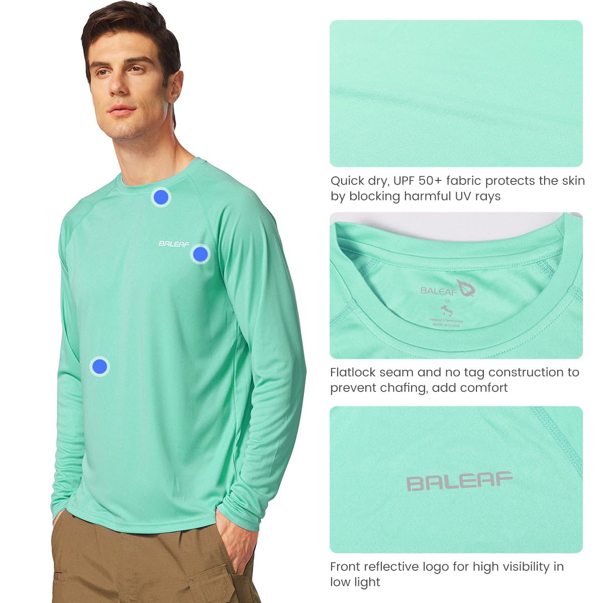 baleaf Mens UPF 50+ Sun Protection Shirts Long Sleeve Rash Guard, Quick Dry 4-Way Stretch for Fishing Swimming Surfing 02-Beach Glass 3XL
