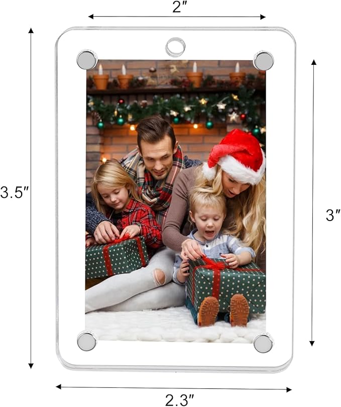 Christmas Photo Ornament Set of 4, 2x3 Inch Clear Acrylic Hanging Picture Frame for Family Photo, Christmas Tree, Holiday Decoration, Multifunctional Magnetic Picture Frames for Car and Fridge Decor