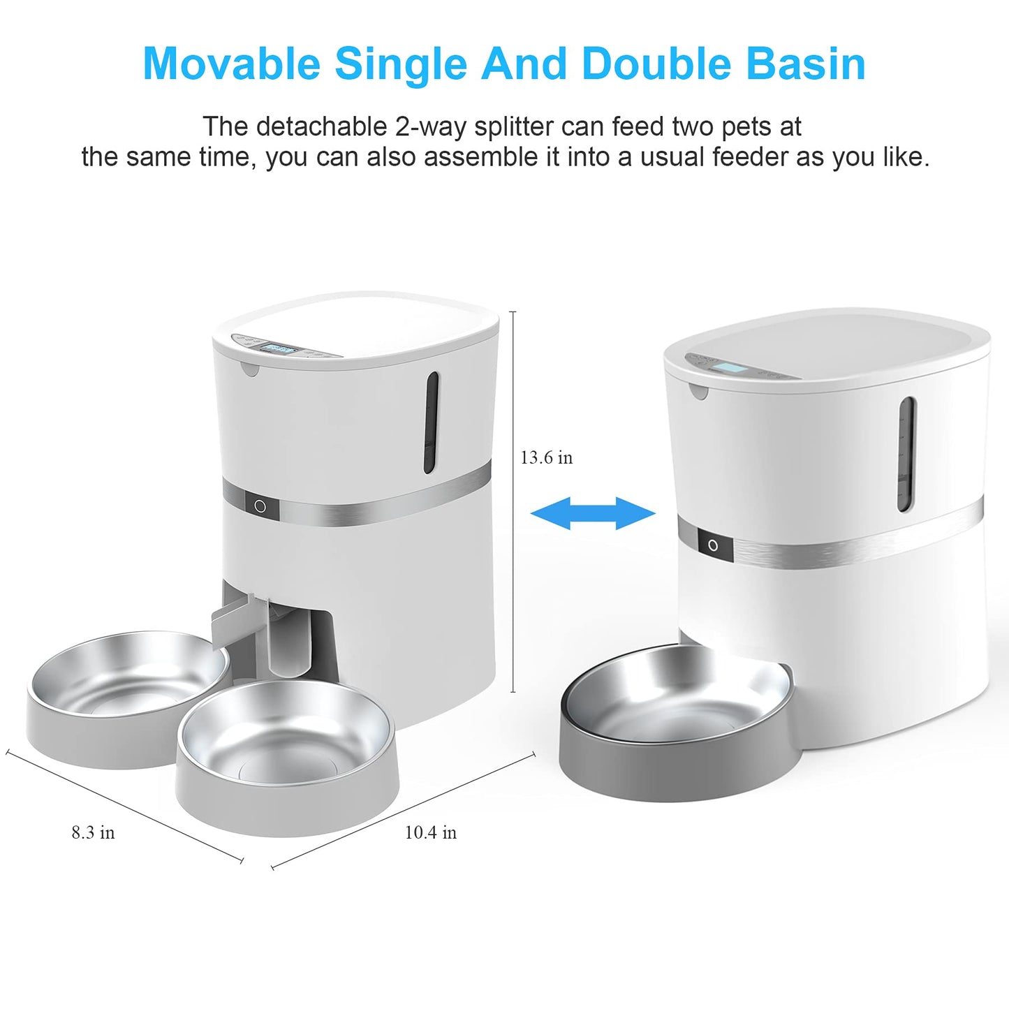 Automatic Cat Feeder, Smart Pet Food Dispenser with APP Control, WiFi Enabled Automatic Feeder for Dogs & Cats, Double Stainless Steel Bowls,6 Meals Portion Control and Voice Recording (S36D-W)