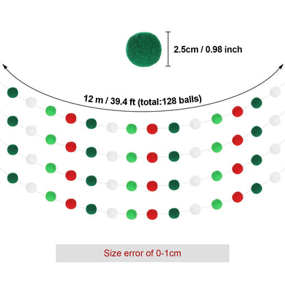 WILLBOND 4 Pack 39.4 ft Christmas Pom Pom Garlands Decorations with 128 Pcs Red Green White Felt Balls Hanging Garlands for Xmas Party Tree Ornaments Home Wall Supplies