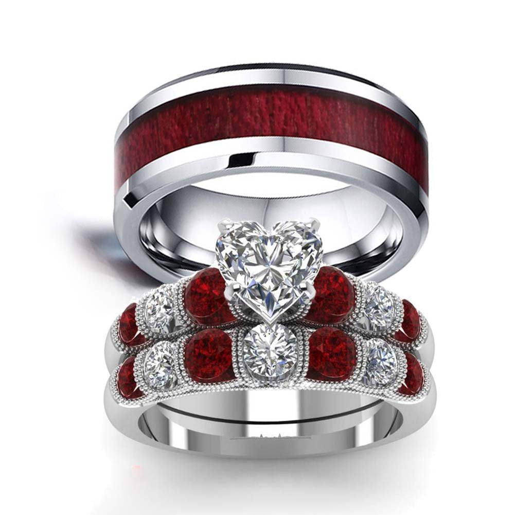 LOVERSRING Two Rings His and Hers Wedding Ring Sets Couples Rings White Gold Plated Stainless Steel Wedding Engagement Ring Bridal Sets Men's Tungsten Carbide Band