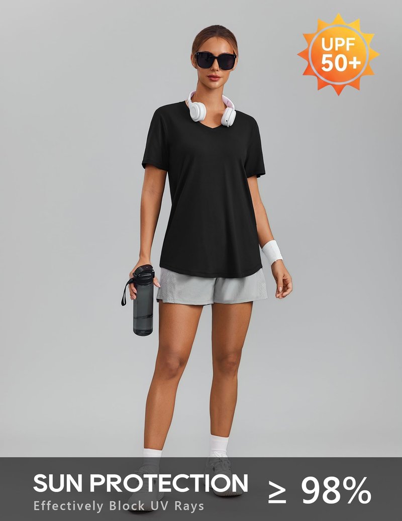 PINSPARK Workout Tops for Women Short Sleeve V Neck Moisture Wicking Gym Shirts Quick Dry Athletic T-Shirts for Running Hiking,Black XX-Large