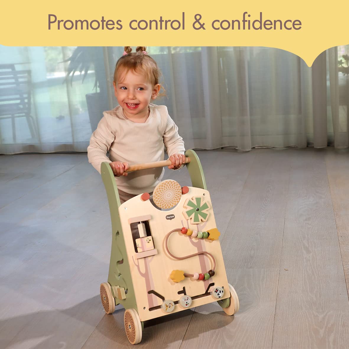 Tiny Love Wooden Baby Walker, Activity Walk Behind, 2-in-1 Activity Walker, 12 Interactive Activities, Supports Motor Skills, Cognitive Development, Comfortable Natural Design, 18+ Months, Boho Chic