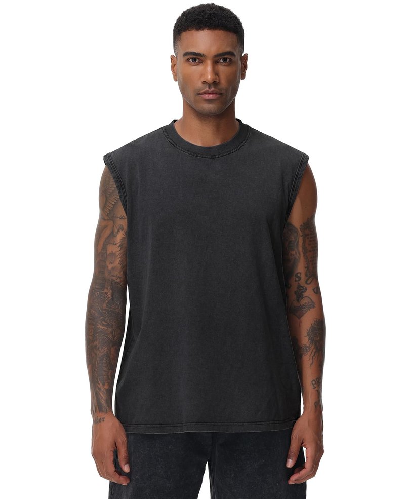 SnowElve 3 Pack Mens Workout Tank Tops Sleeveless Tee Shirts Men Muscle Shirt Gym Acid Wash T Shirts Running Beach Loose Fit Tee(ACCFBK,M)