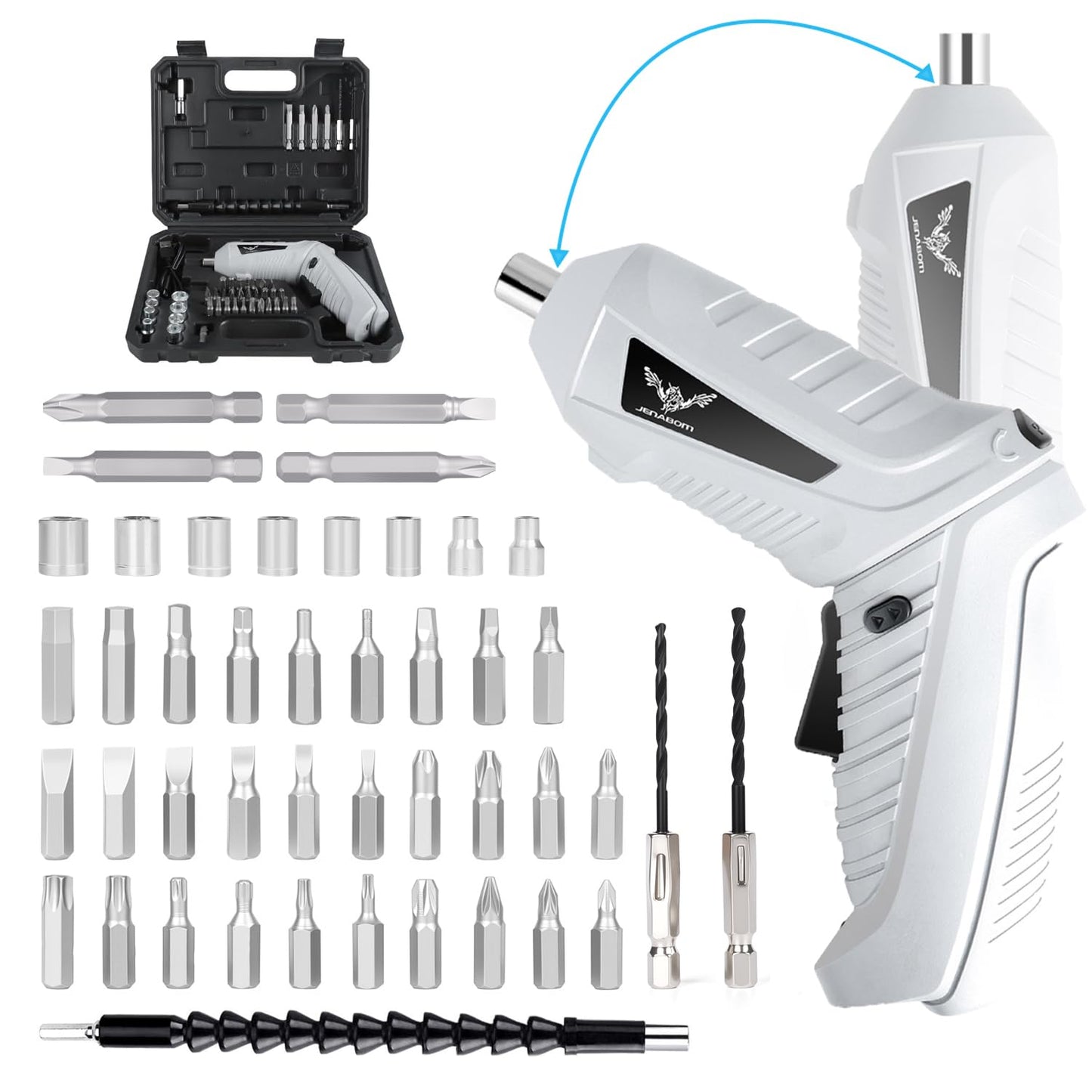 JENABOM 47 in 1 Electric Screwdrivers Cordless, 3.6V Rotatable 90 Degrees Cordless Screwdriver Rechargeable, Electric Screwdriver Set with USB Cable LED Light for Home Improvement DIY Project