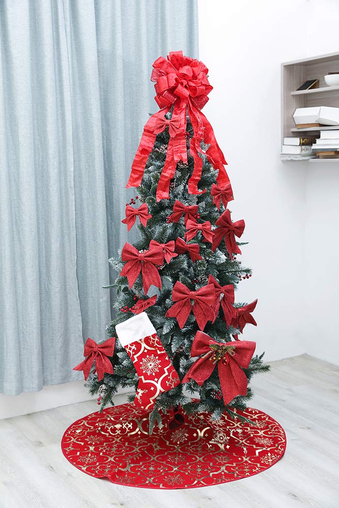 Flash World 48 Inch Large Christmas Tree Skirt Xmas Soft Cover Mat Decor Snowflake Collar Farmhouse Tree Skirt for Holiday Ornaments Party Home Indoor Decorations (Red, 48INCH)