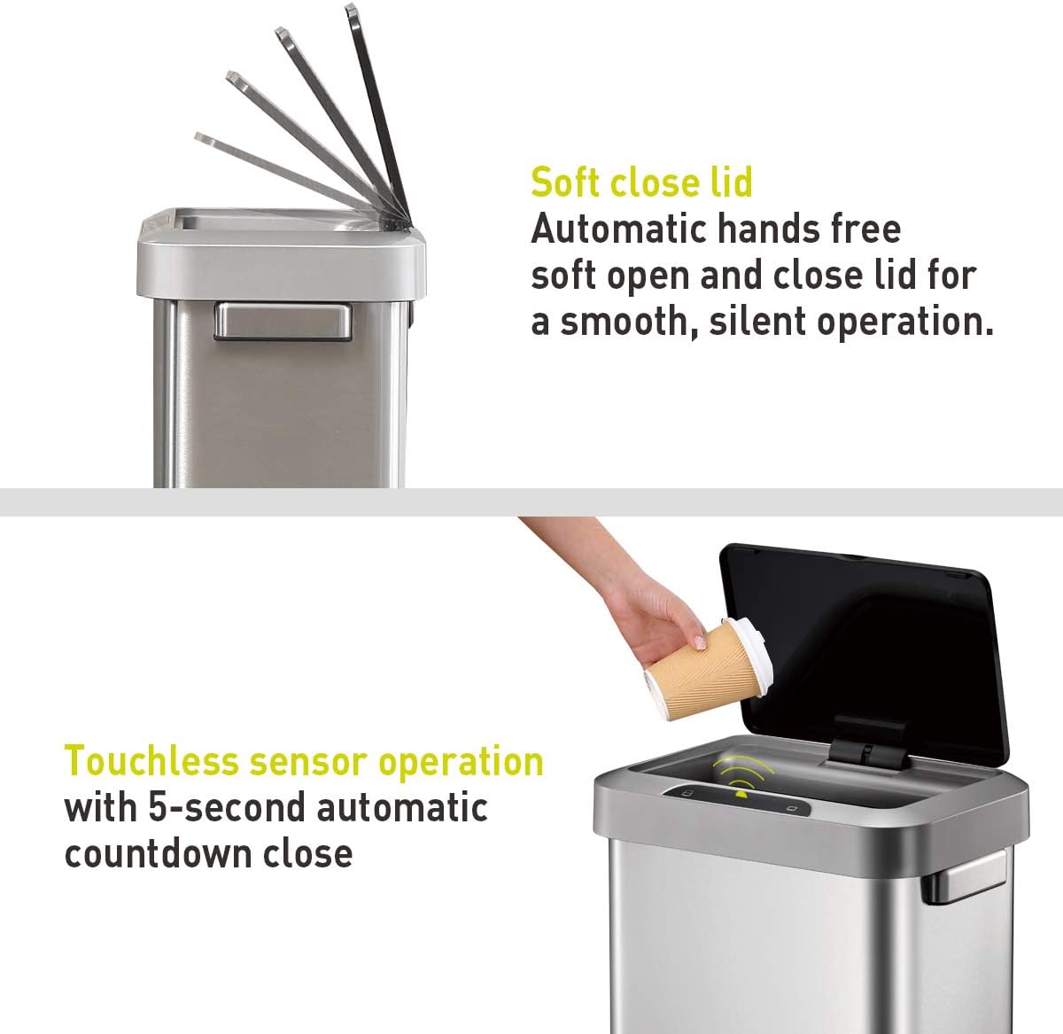 EKO EK9262MT-45L Horizon 45 Liter/11.9 Gallon Rectangular Motion Sensor Trash Can, Brushed Stainless Steel Finish