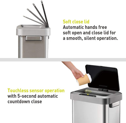 EKO EK9262MT-45L Horizon 45 Liter/11.9 Gallon Rectangular Motion Sensor Trash Can, Brushed Stainless Steel Finish