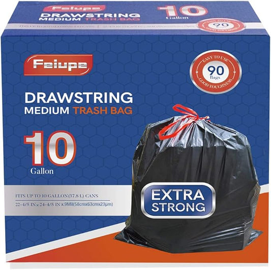 10 Gallon Drawstring Trash Bag Garbage Bag Trash Can Liner, 0.9 Mil