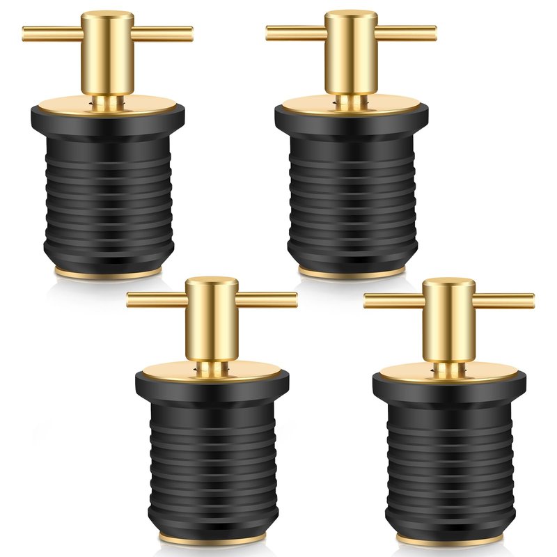 Linkstyle 4 PCS Brass T-Handle Drain Plug, Marine Boat Drain Plugs for 1 Inch Diameter Drains Locks, Twist-Turn and Seal Design Rubber Plugs T-Handle Drain Plug for Yachts Kayaks