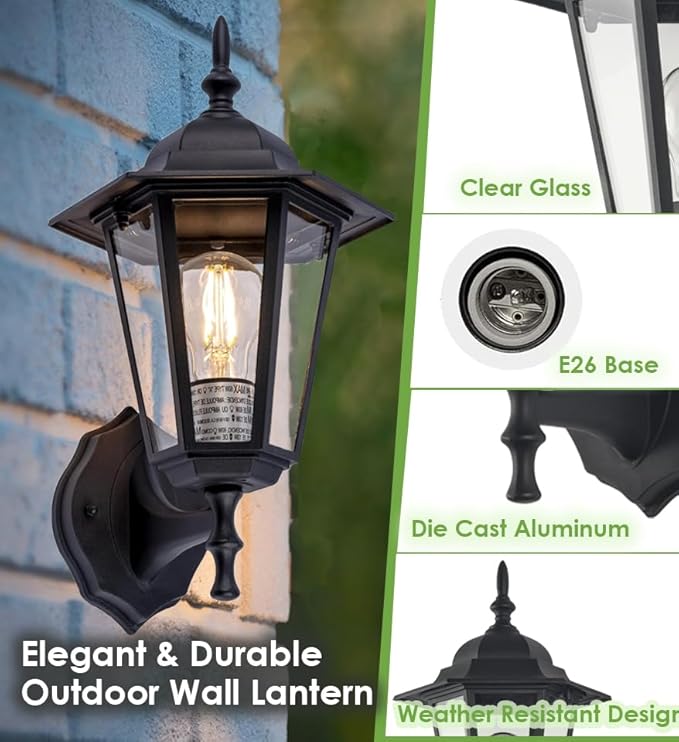 GRUENLICH Outdoor Wall Lantern, Wall Sconce as Porch Lighting Fixture with E26 Medium Base, Aluminum Housing Plus Glass, Water-Proof Rated, Bulb Not Included, Black Finish, 2 Pack