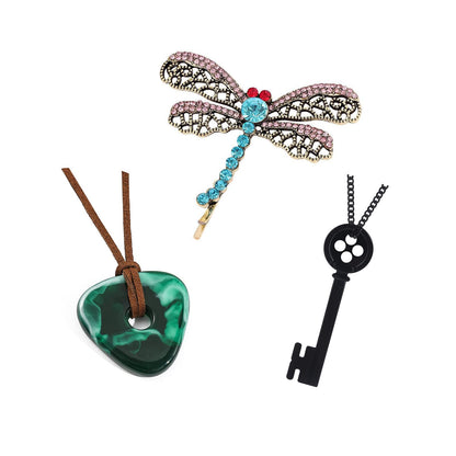 Mullike Croaline Key Pendant Necklace Seeing Stone Necklace Dragonfly Hair Clips Halloween Movie Props Cosplay Costume for Women Men (3PCS)