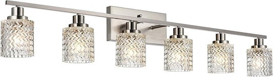 MELUCEE 6 Lights Bathroom Lighting Fixtures Over Mirror Brushed Nickel with Hammered Glass Shade, Vanity Light Indoor Wall Mounted Lamp for Bathroom Bedroom Kitchen