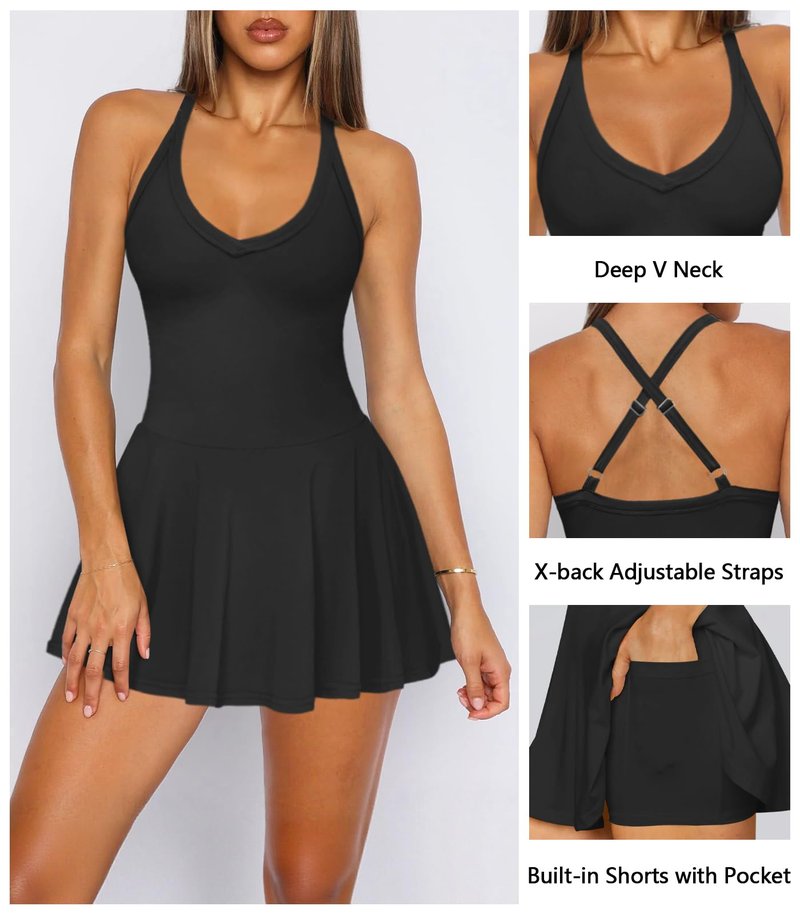 Hragc Women's Sexy V Neck Pleated Flowy Tennis Black Dress for Women Medium Athletic Golf Workou Active Summer Sleeveless Tank Mini Dresses with Shorts Pockets