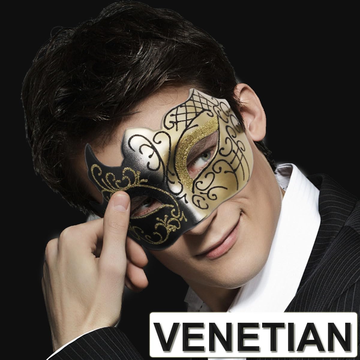 Masquerade Mask for Men Couple Venetian Mask for Halloween Mardi Gras Costume Party Prom Ball (Black+Silver)