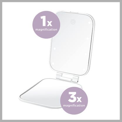 Conair Lighted Makeup Mirror, LED Vanity Mirror, 12X Magnifying Mirror, Compact Travel Mirror with Suction Cup, Battery Operated in White