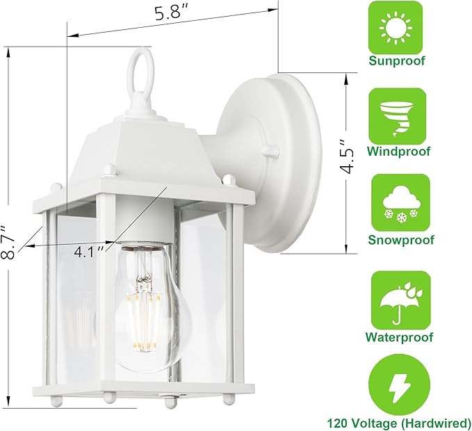 LIT-PaTH Outdoor Wall Lantern, Wall Sconce as Porch Lighting Fixture, E26 Base, Aluminum Housing Plus Glass, Water-Proof and Outdoor Rated, ETL Qualified, 2-Pack, White