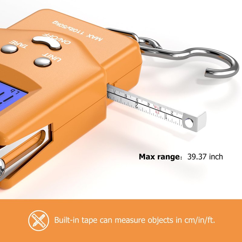 Dr.meter Fish Scale Luggage Scale Fishing Gear - 110lb/50kg Backlit LCD Display Digital Scale with Built-in Measuring Tape - Fishing Scale with 2 AAA Batteries, Pocket Size - Fishing Gifts for Men