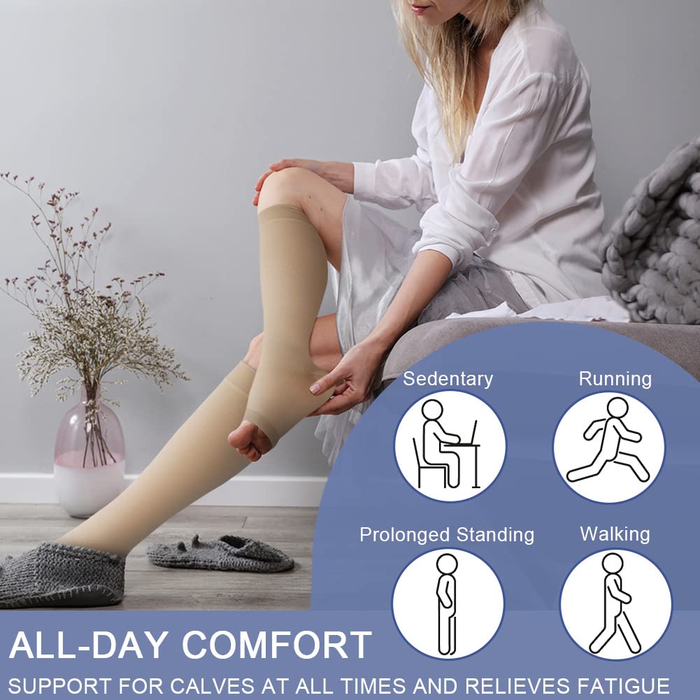Beister Medical Open Toe Knee High Calf Compression Socks for Women & Men, Firm 20-30 mmHg Graduated Support Hosiery for Varicose Veins, Edema, Flight, Pregnancy （A Pair）