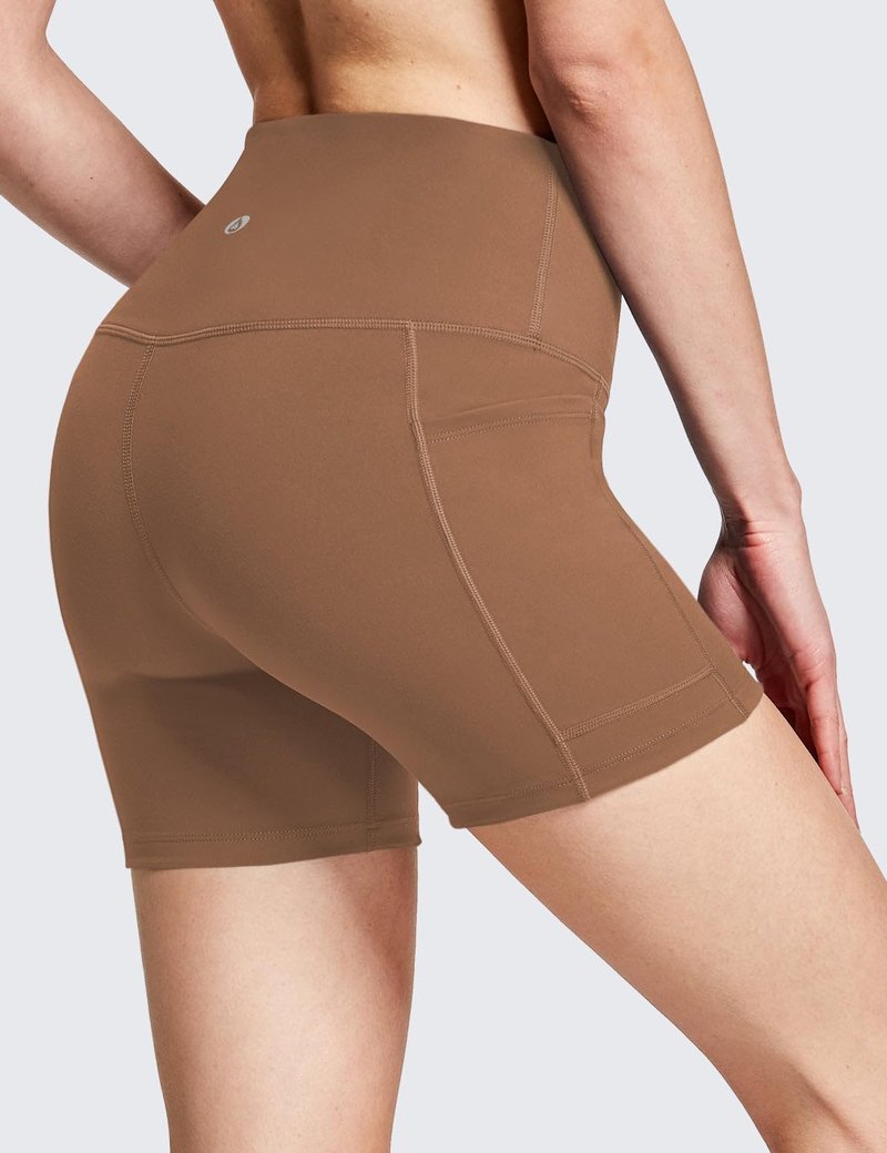 baleaf Biker Shorts Women Yoga Gym Workout Spandex Running Volleyball Tummy Control Compression with Pockets Soft 5" Brown S