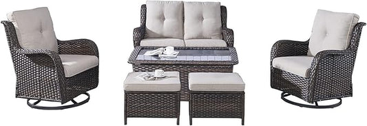 Rilyson Wicker Patio Furniture Set - 6 Piece Rattan Outdoor Sectional Conversation Sets with 2 Swivel Rocking Chairs,2 Ottomans,1 Loveseat and 1 Coffee Table for Porch Deck Garden(Brown/Beige)