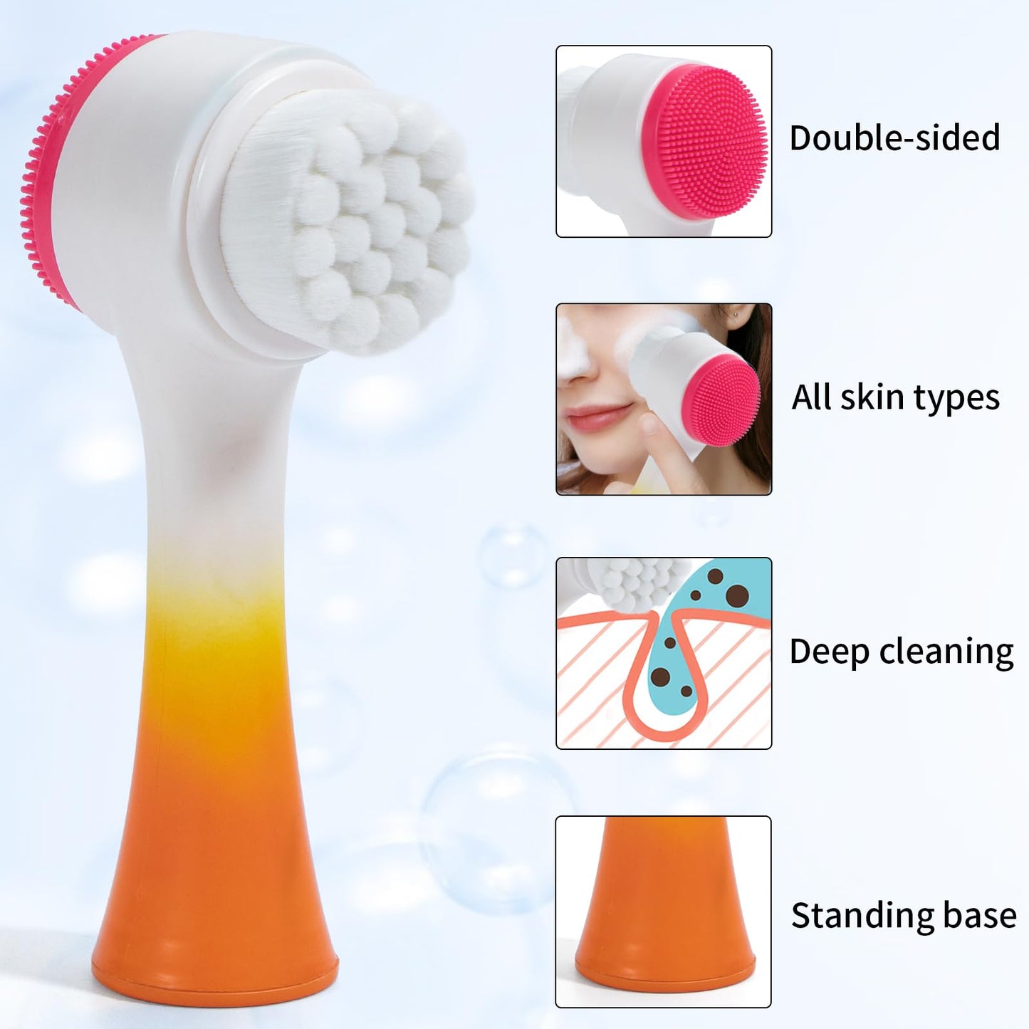 Face Brush 2 in 1, Facial Cleansing Exfoliating Scrubber Brush, Silicone Double Side Manual Face Wash Scrub Brush with Soft Bamboo Charcoal Fiber for Deep Pore Cleansing, Massaging, Skin Care