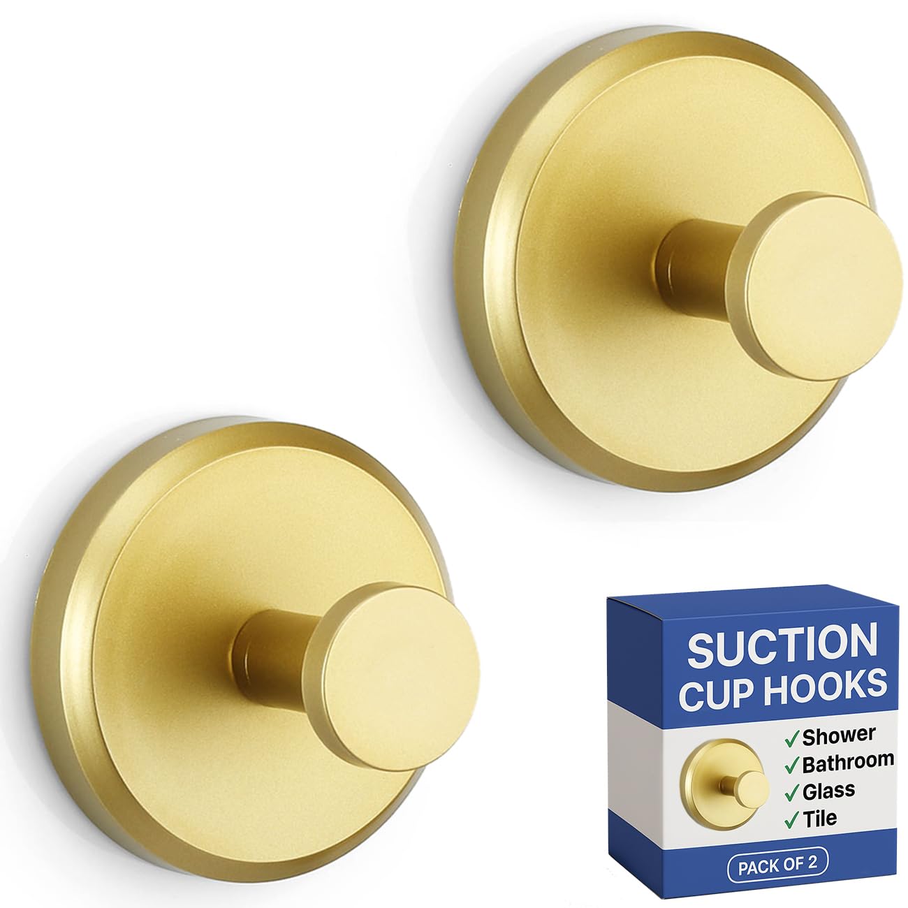 HOME SO Suction Cup Hooks for Shower, Bathroom, Kitchen, Glass Door, Mirror, Tile – Loofah, Towel, Coat, Bath Robe Hook Holder for Hanging up to 15 lbs – Waterproof, Matte Brushed Satin Gold (2-Pack)