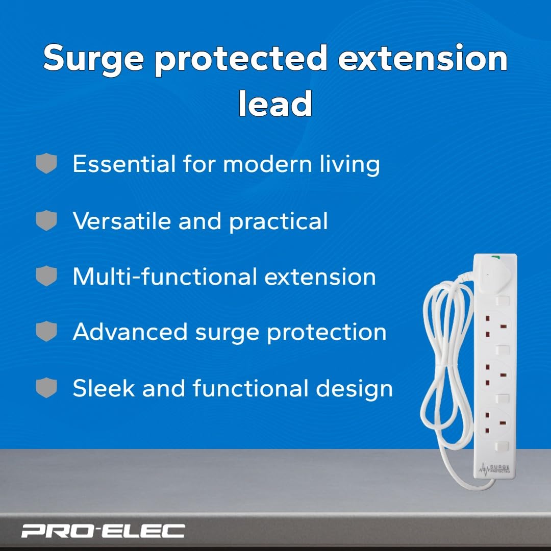 pro elec plpl15330pl 2 m Switched and Surge Protected 4 Gang Extension Lead white