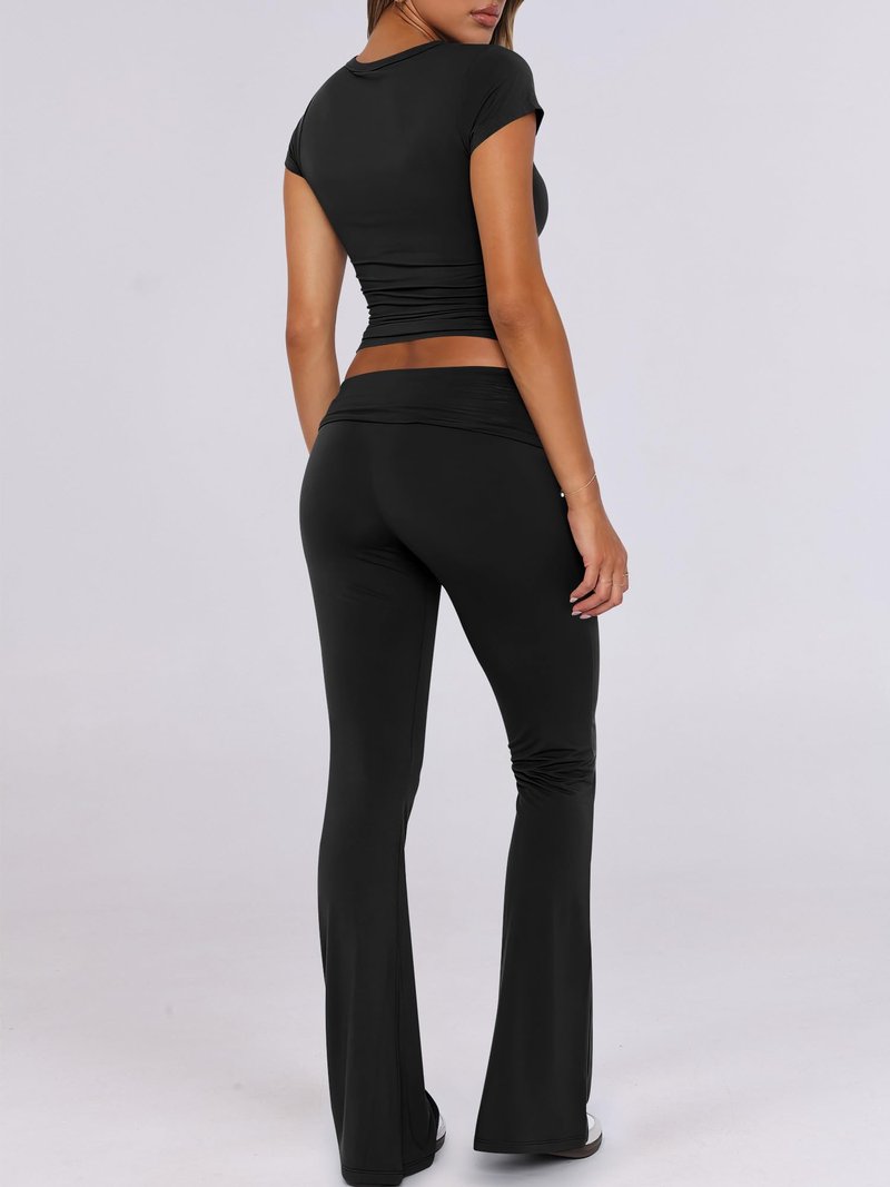 ANRABESS Lounge Sets for Women 2 Piece Foldover Yoga Flare Leggings Pants Crop Tops Casual Y2K Outfits Matching Tracksuit Set Black Medium