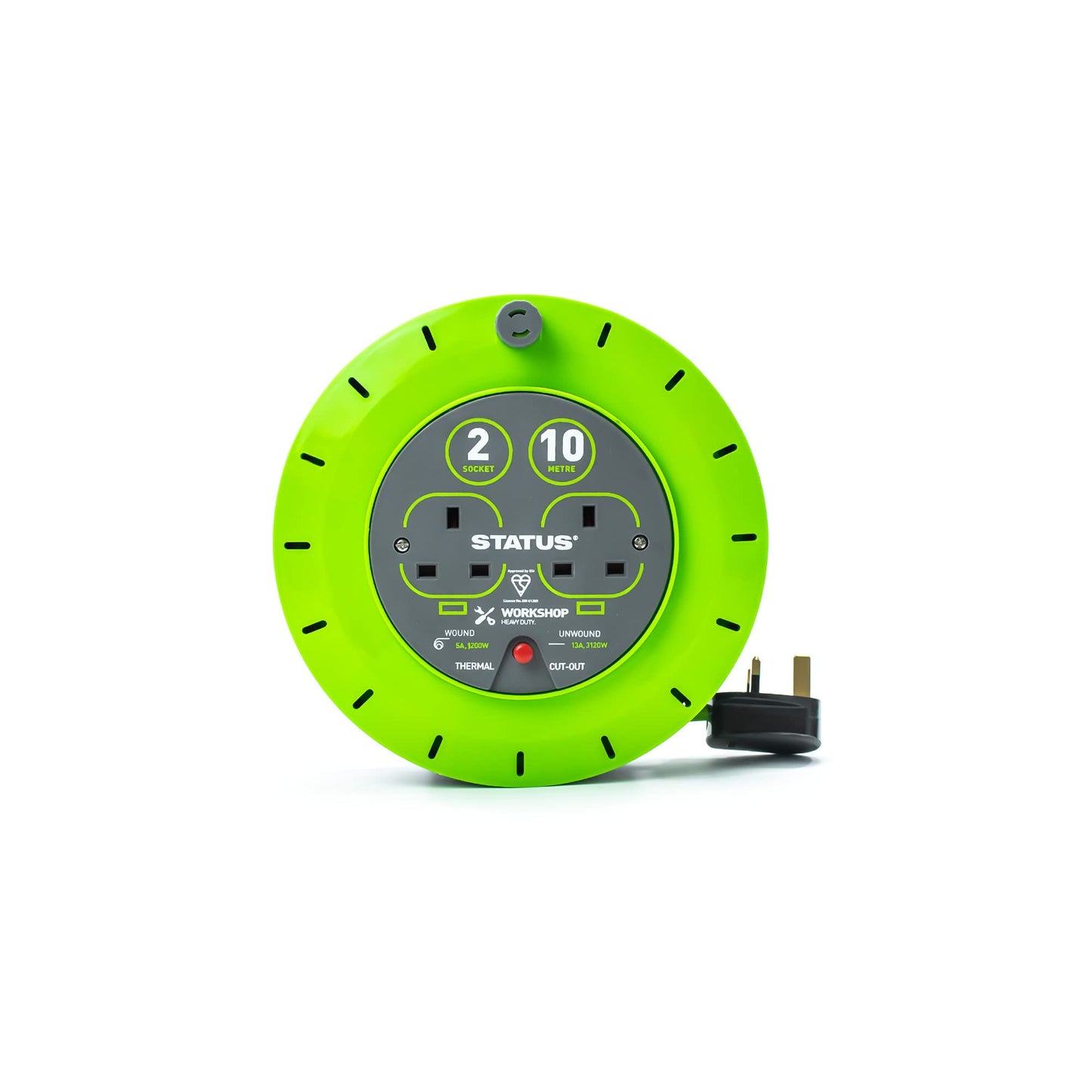 STATUS 2 Socket Cable Reel,10m Green Outdoor Extension Lead, Heavy Duty, 13 Amp, Thermal Cut Out Overload Protection, Ideal for Garden Power Tools,DIY Use, Workshop (S13A10MCR3)