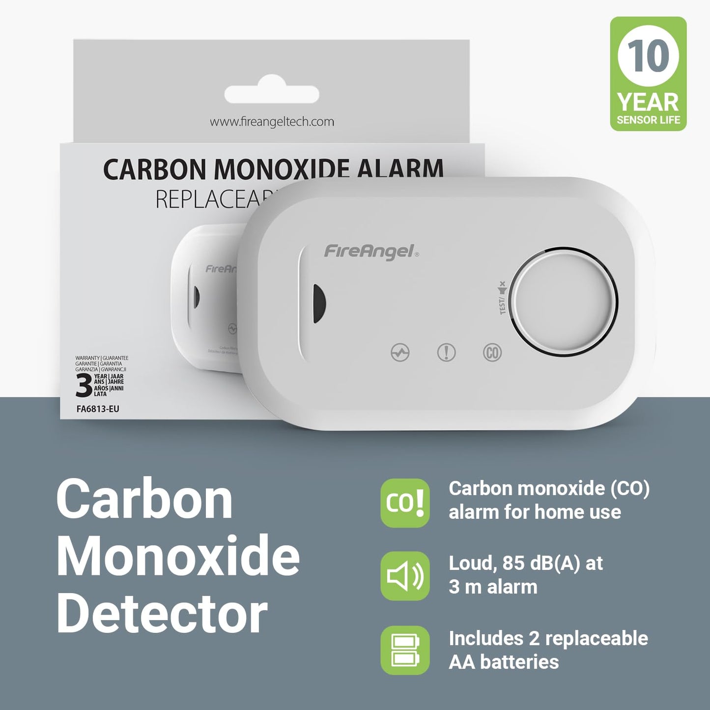 FireAngel Carbon Monoxide Alarm and Detector - FA6813 10-Year Sensor Life CO Alarm for Home with AA Batteries - Travel, Portable Carbon Monoxide Detector - CO Detector Monitor with Test Button