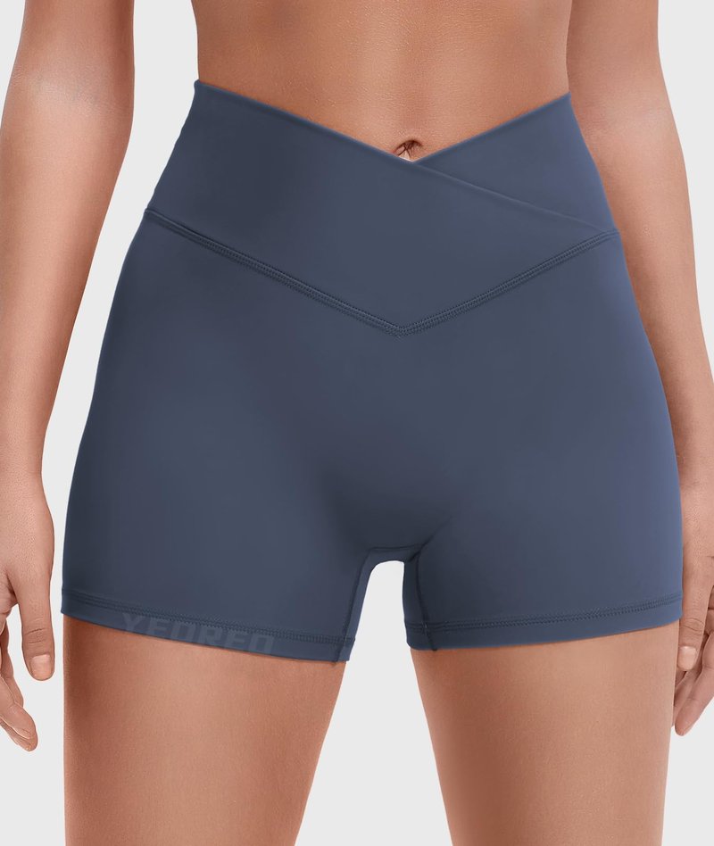 YEOREO Gym Workout Shorts for Women High Waisted Tummy Control Hidden Scrunch 4.5" Booty Shorts Julissa Cross Waist Yoga Navy Blue